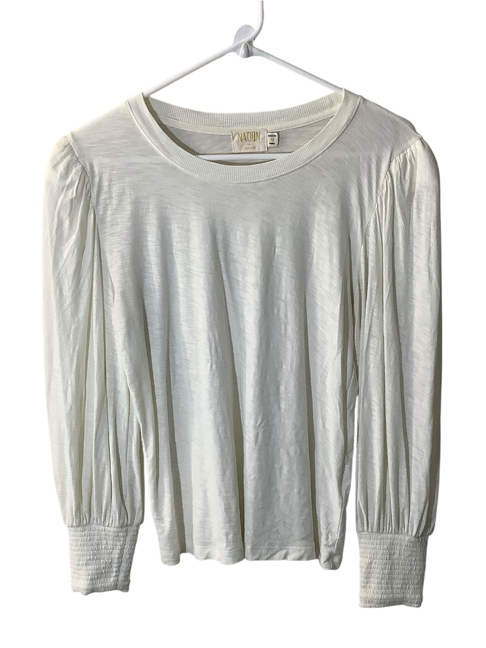 Nation LTD White Long-Sleeve Smocked Cuff Puff Sleeve Top